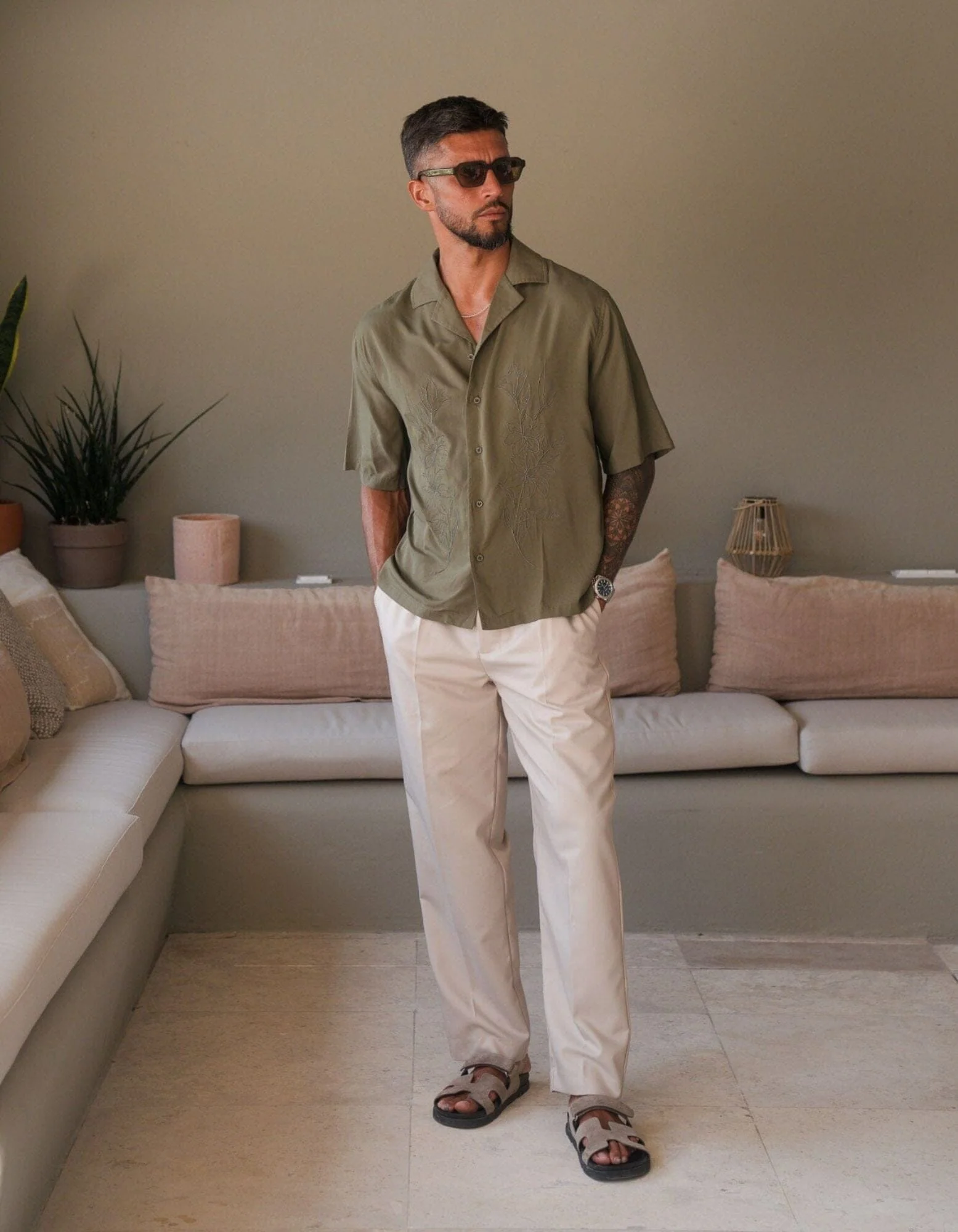 Khaki Embroidered Viscose Shirt - Image 3