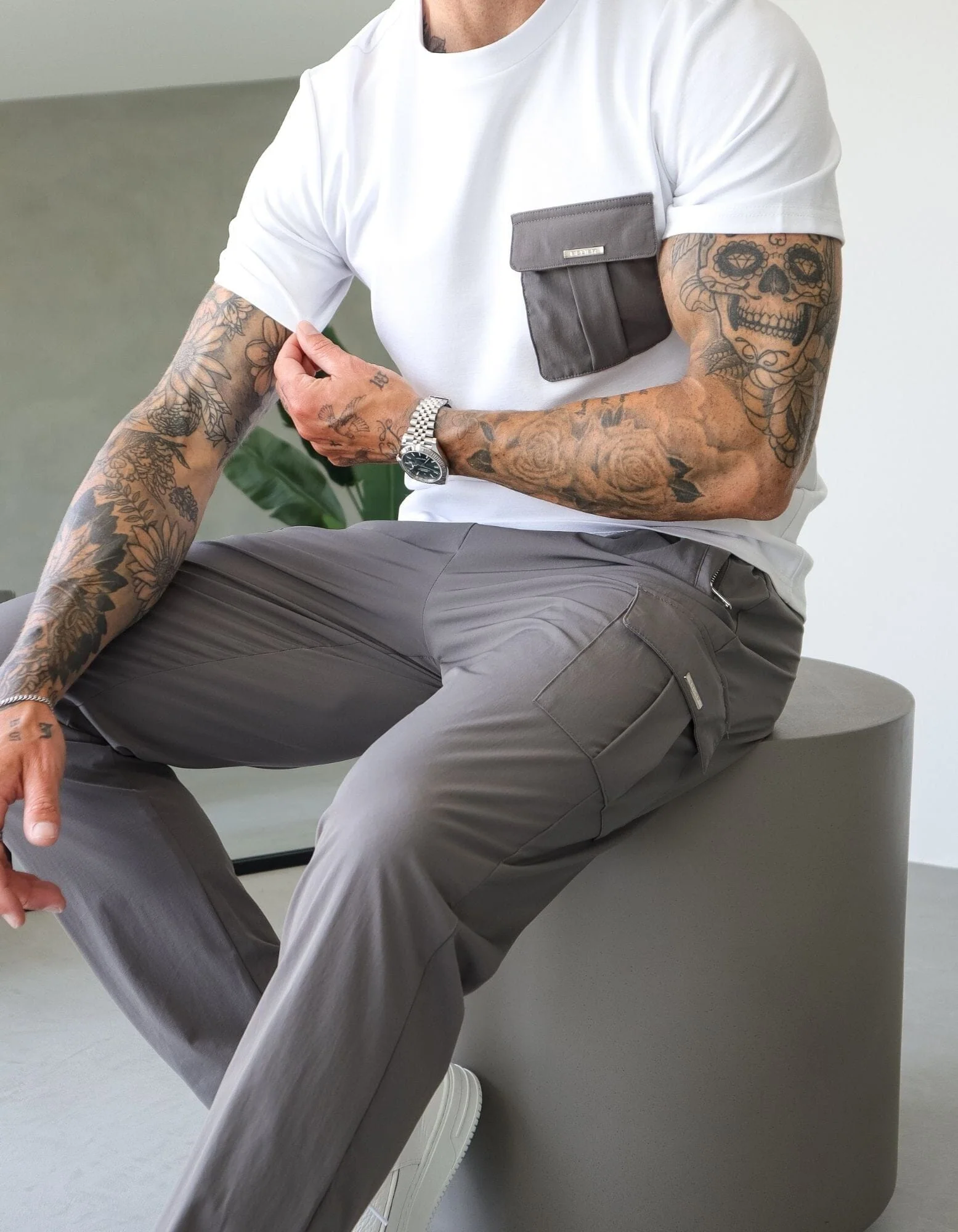 Woven Pocket T-Shirt White/Slate - Image 4